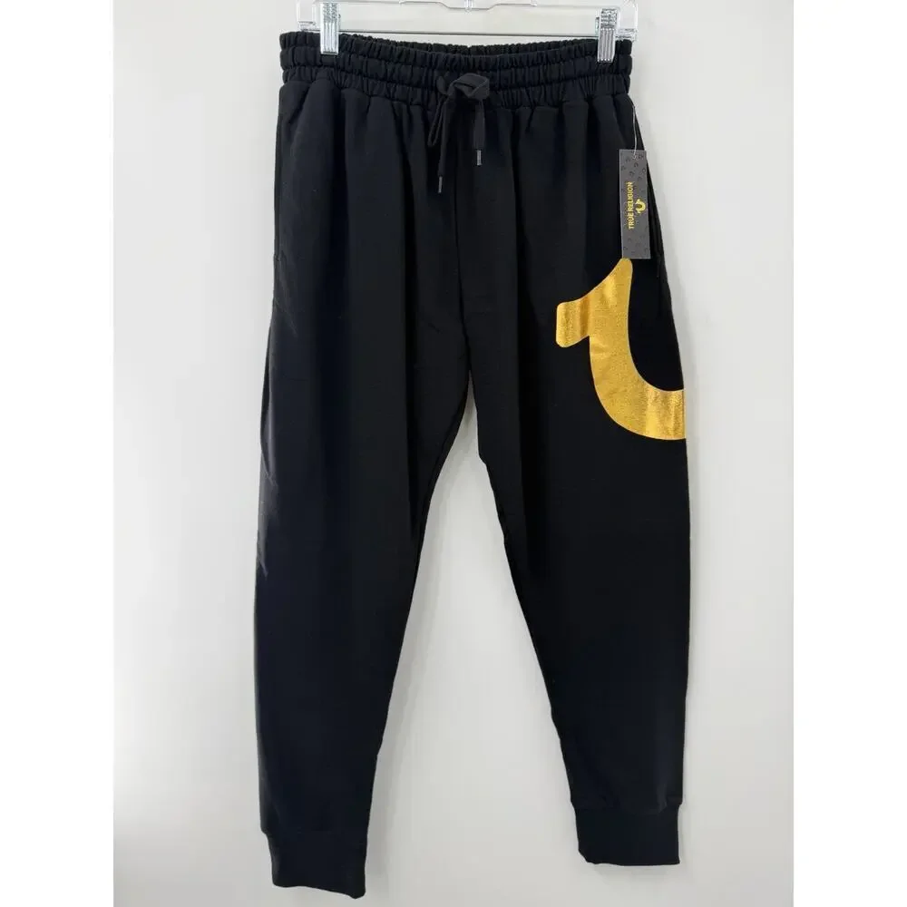 True Religion Men’s Elastic Waist Drawstring Black Joggers Gold Logo Small NWT